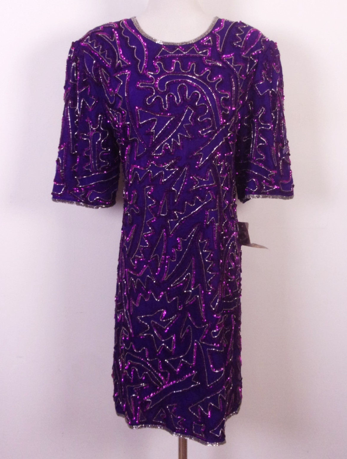 vintage 80s NWT NEW NOS Gold Star Abstract Sequin Covered Semi Formal Dress L