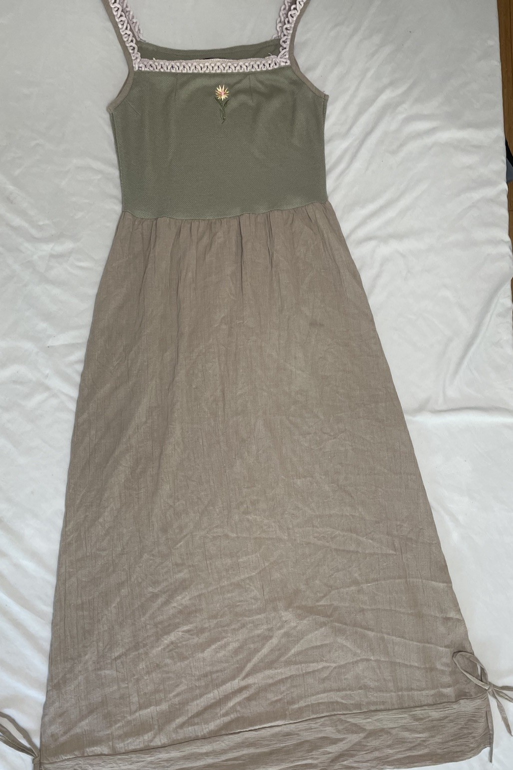 100% Cotton Mingetusi Green/Beige Dress Square Neck Embroidered Crochet Trim S