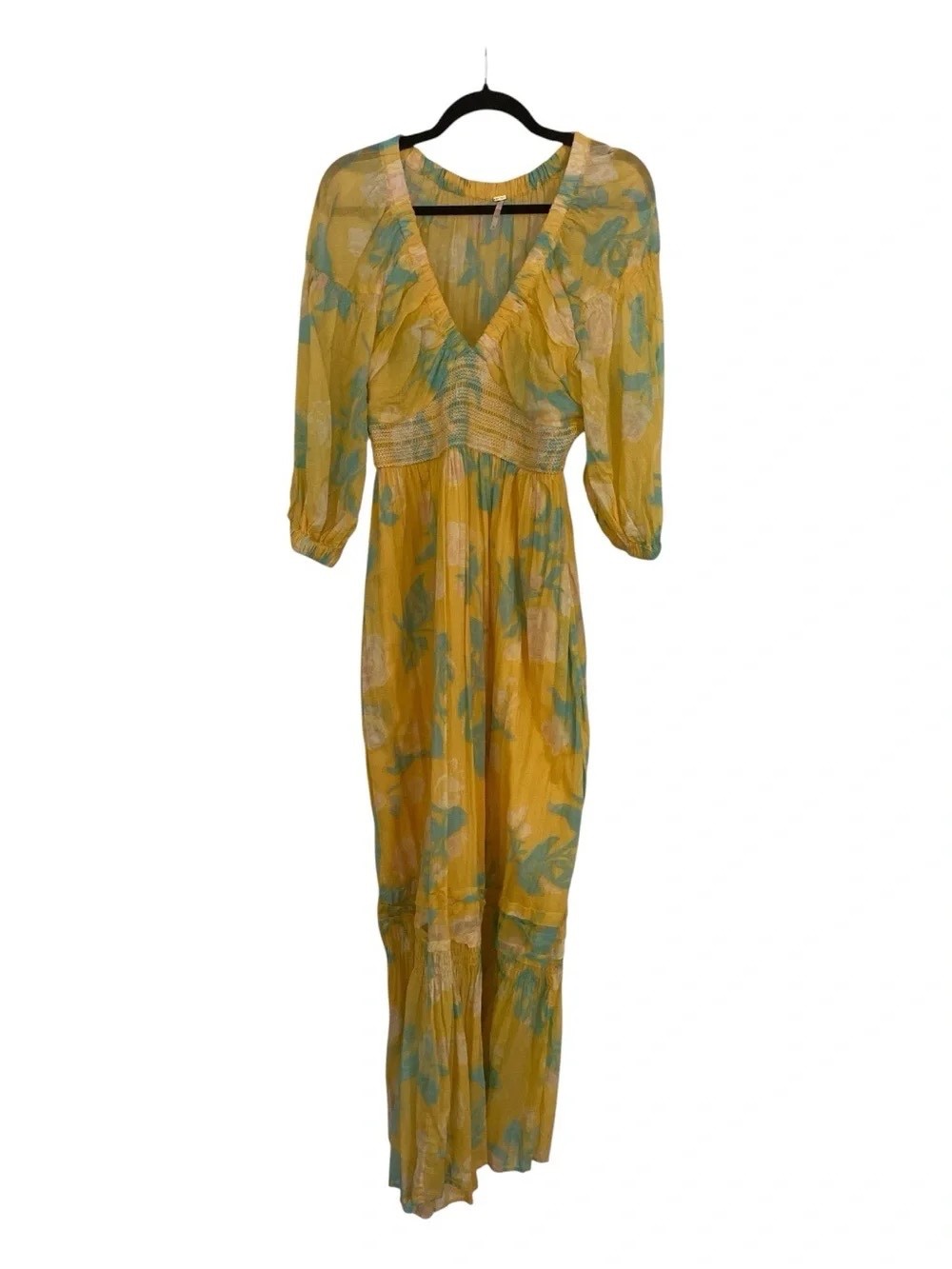 Free People Golden Hour Yellow Floral V-Neck Maxi Dress with Teal Accents