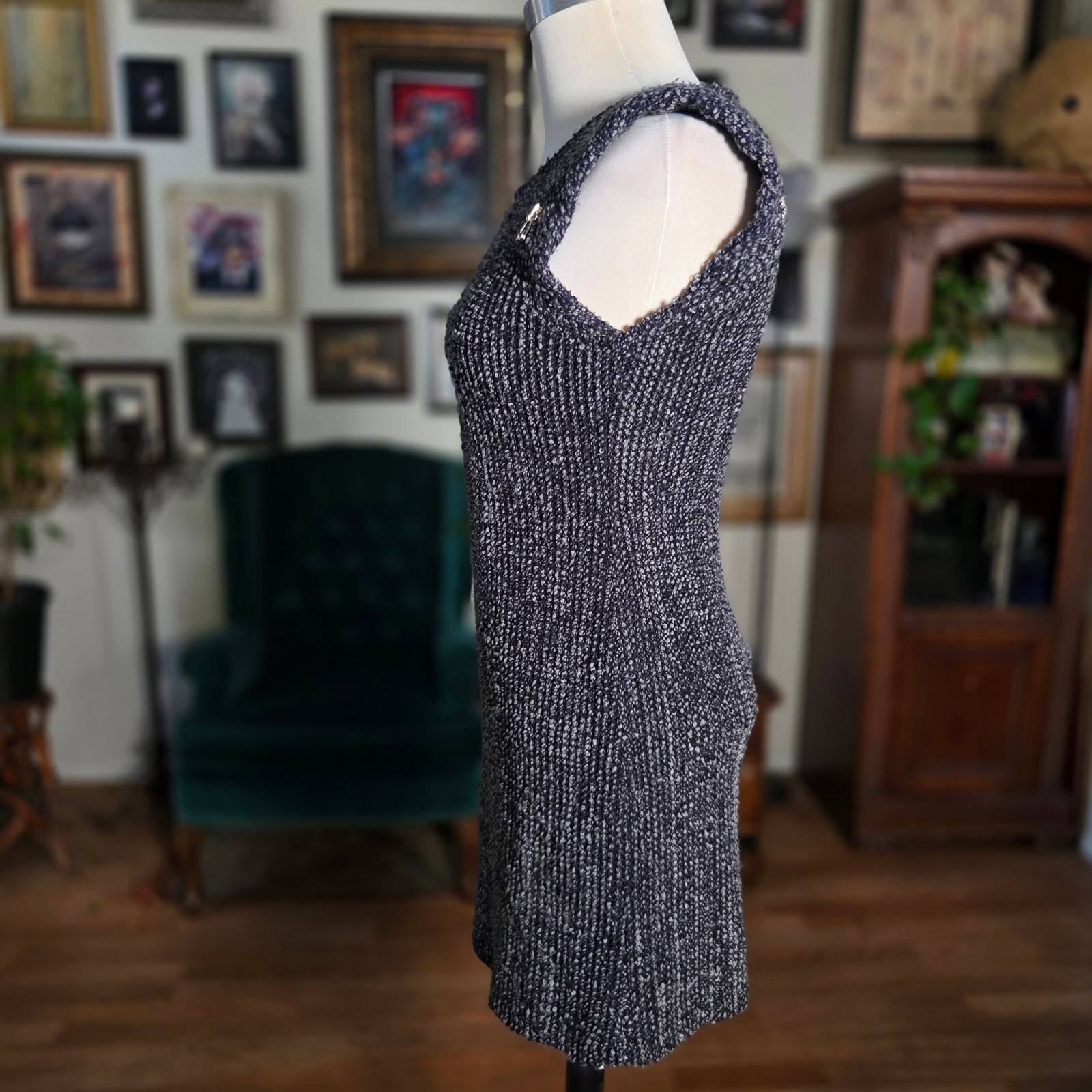 May Queen Black Boucle Tweed Shift Mini Dress Zipper Shoulder Accents
