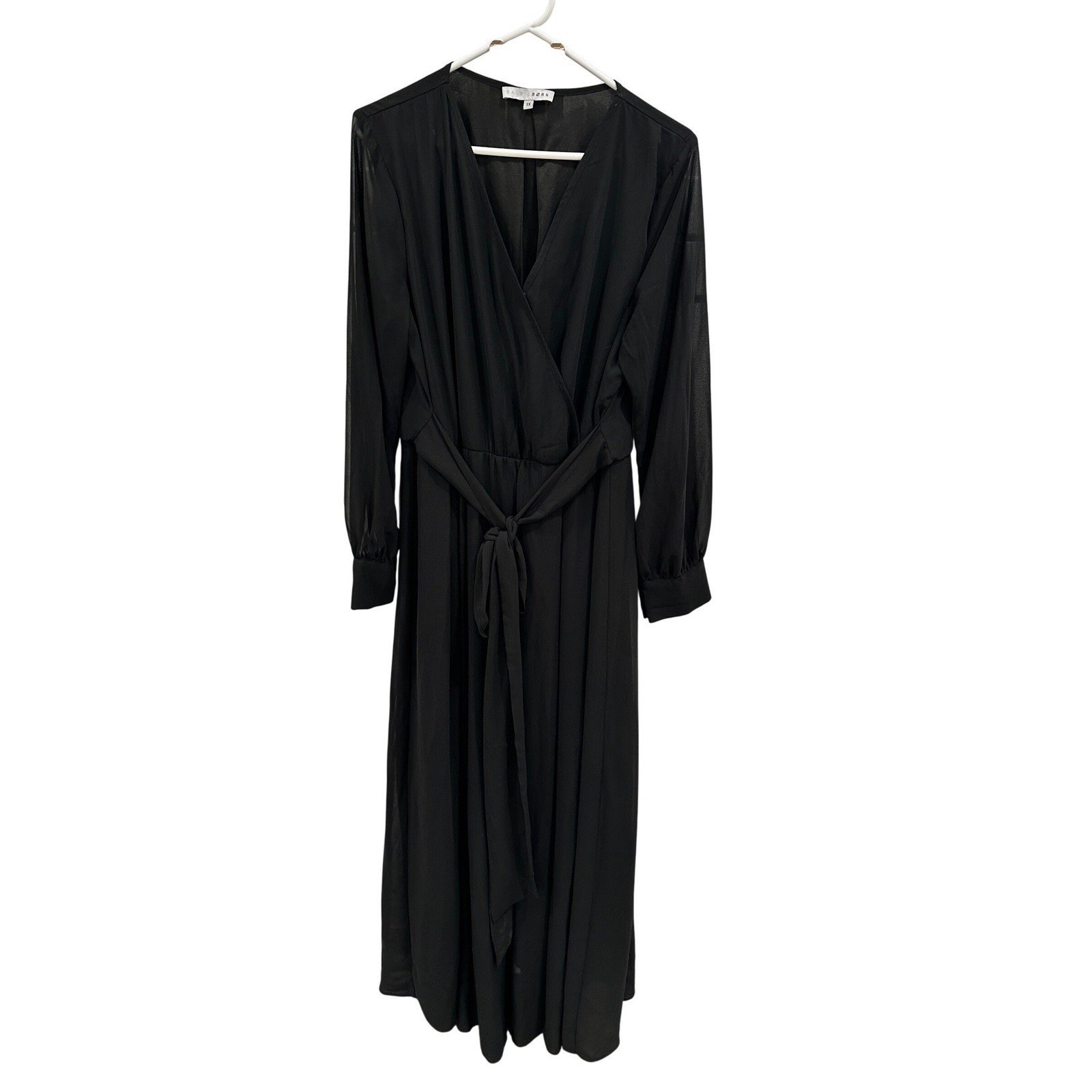 Baltic Born Black Wrap Maxi Dress Long Sheer Sleeve Gold Button Cuff 1X