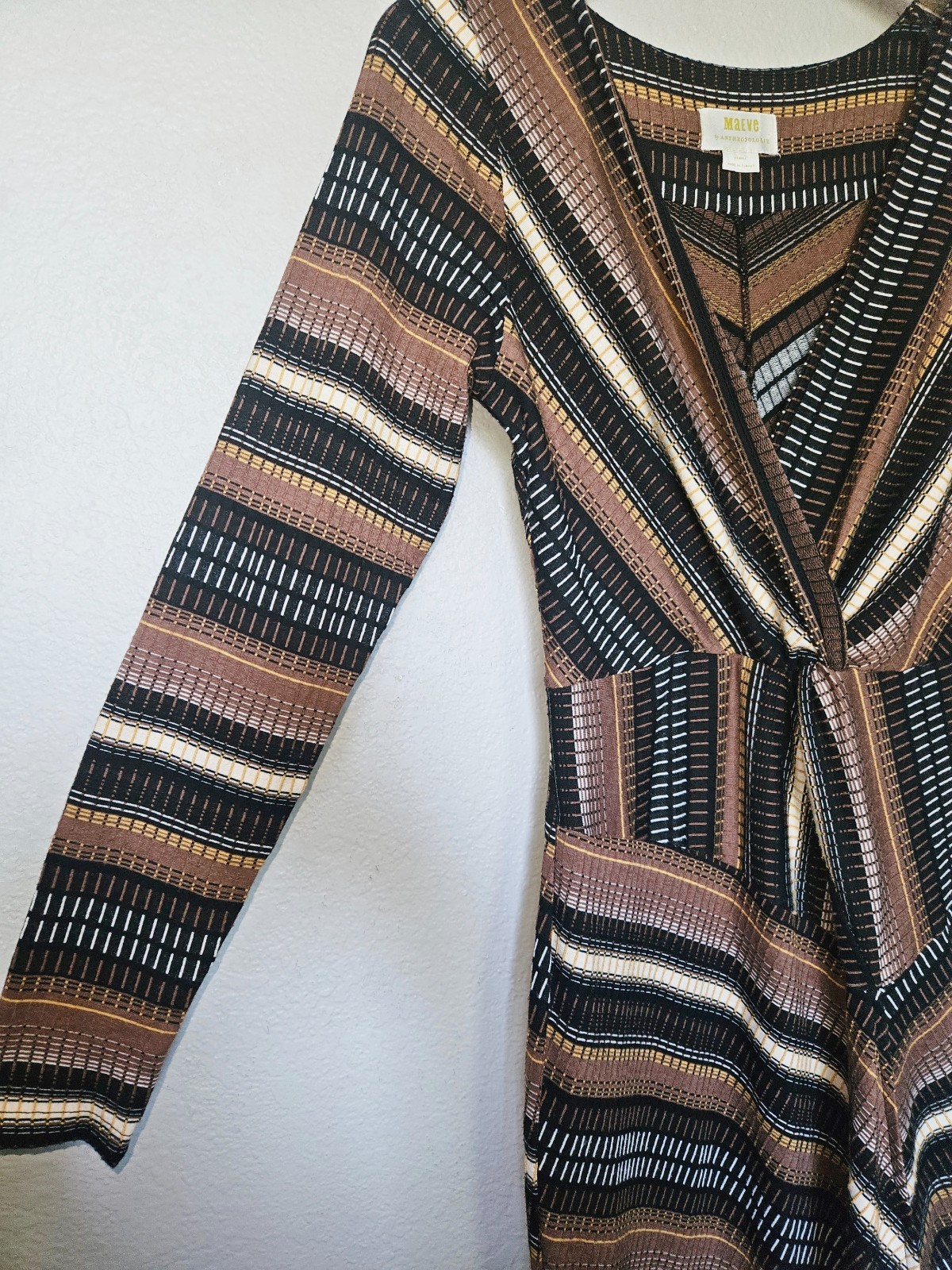 Maeve Striped Wrap Midi Dress XS Textured Brown Black Gold 70s Mod Anthropologie