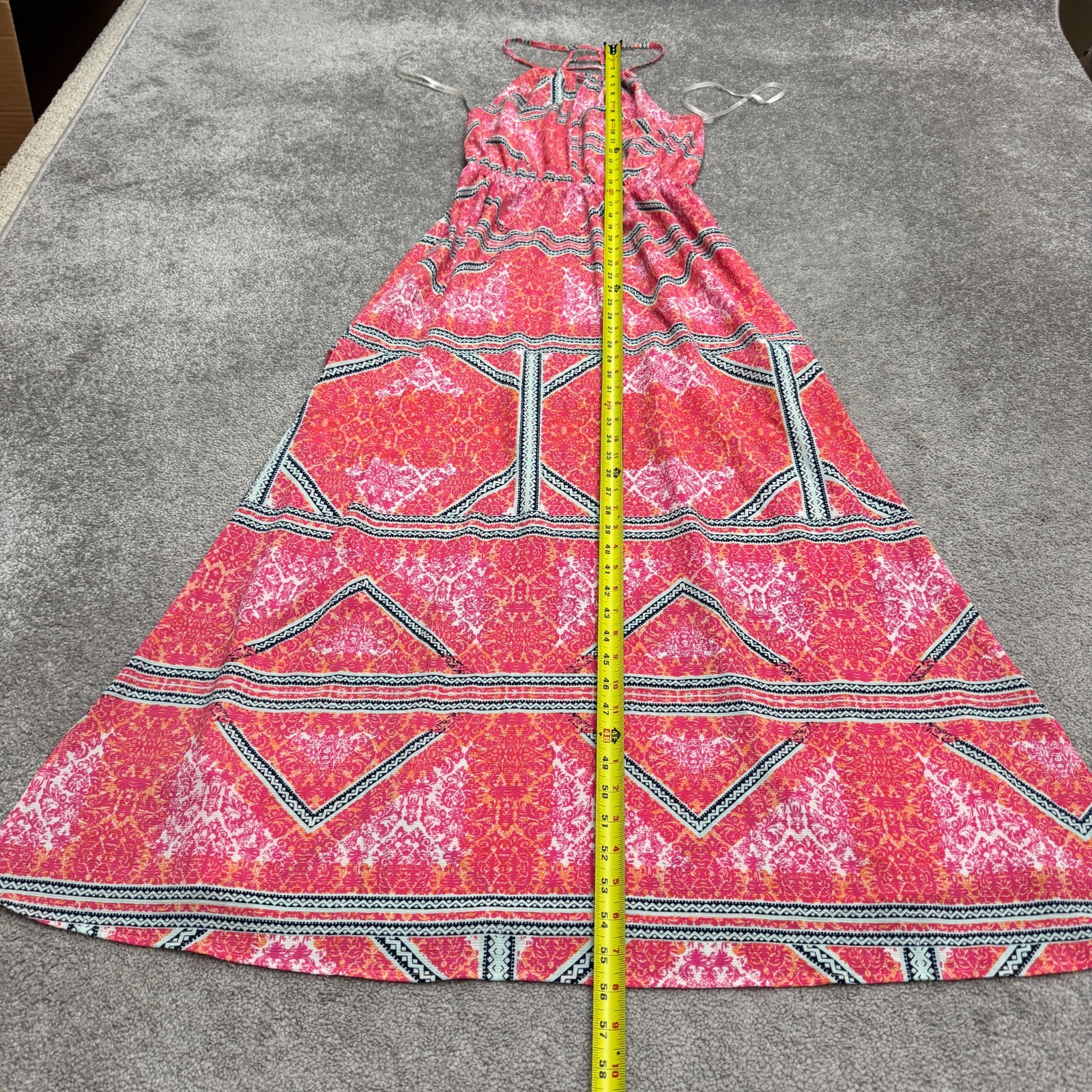 Minkpink Geometric Halter Maxi Dress Women Medium Pink Orange Backless Slit NWOT