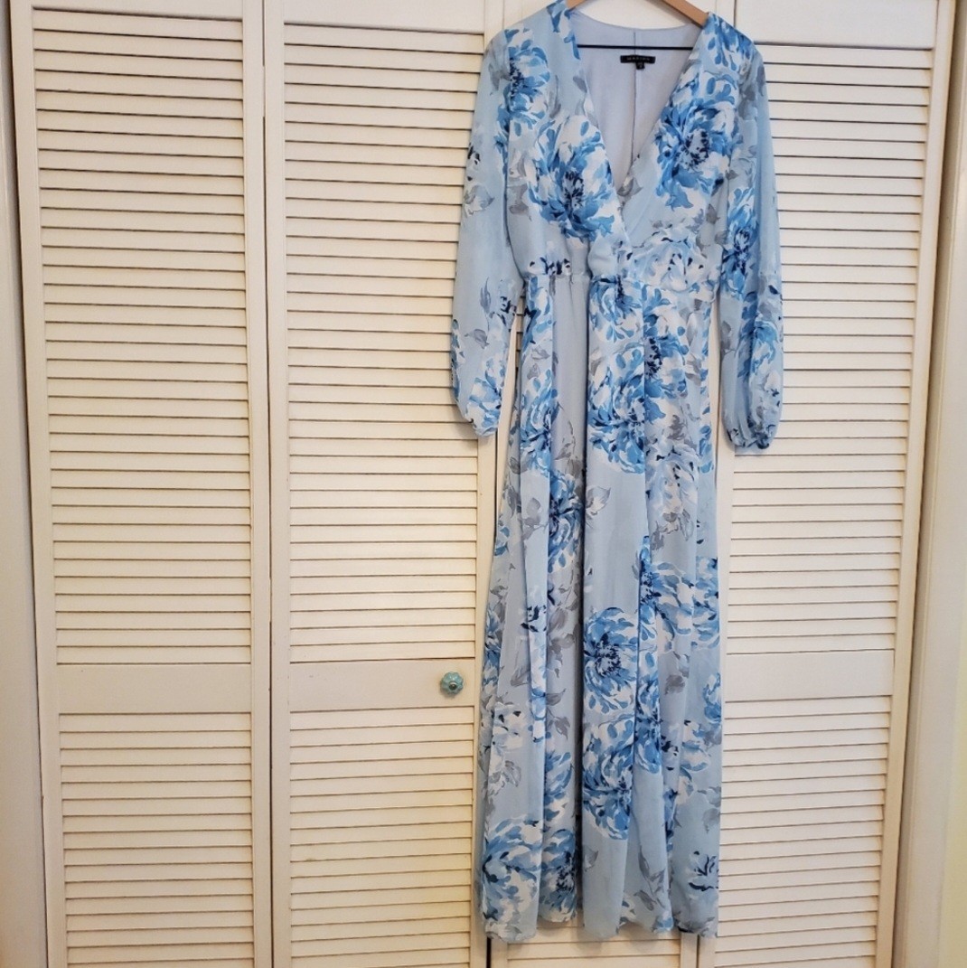 Marina Women’s Blue Floral Maxi Dress Gown Long-Sleeve V-Neck, Size 8