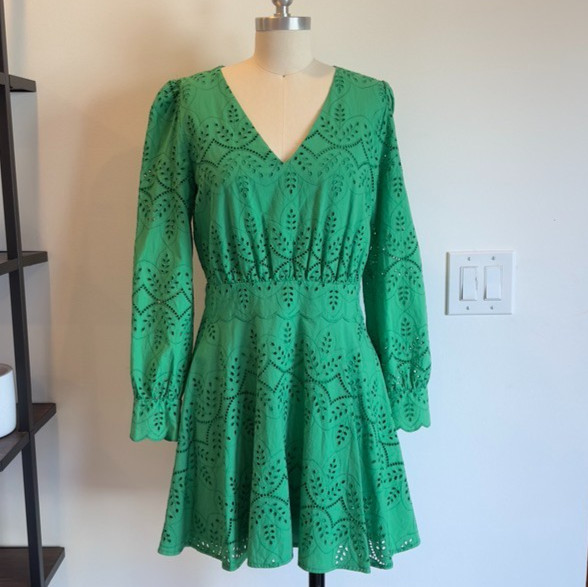Sézane Ilona Short Fit & Flare Long Sleeve Broderie Anglaise Dress-Green-Sz 38-M