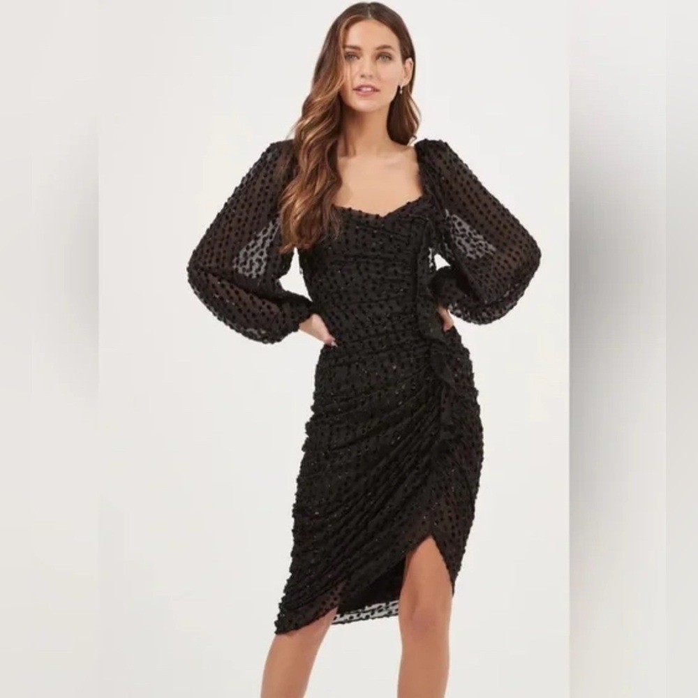 ASTR black burnout velvet asymmetrical dress polkadot puff long sleeve small