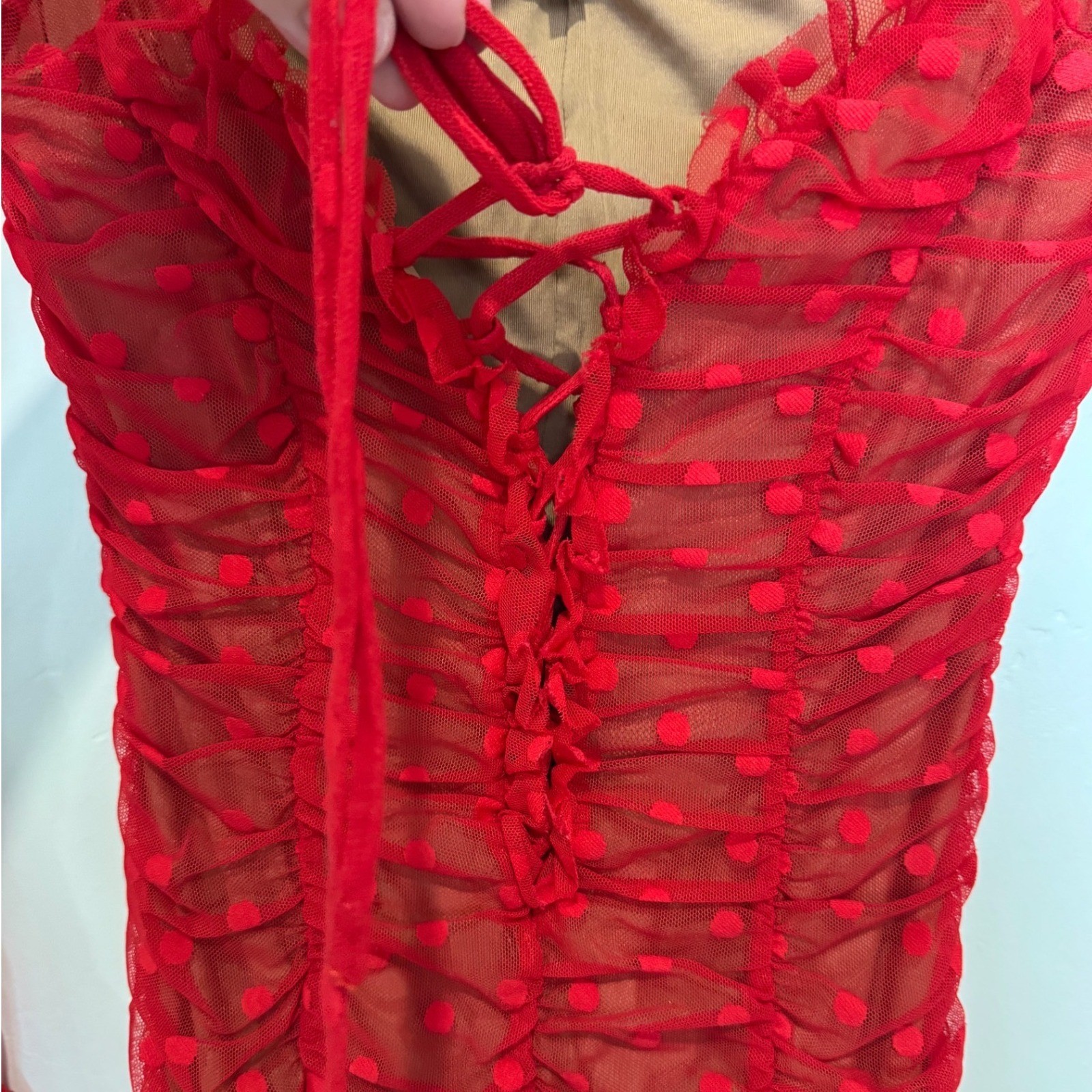 Revolve Majorelle Darling Red Ruched Body Con Mini Dress Size S Polka Dot Mesh
