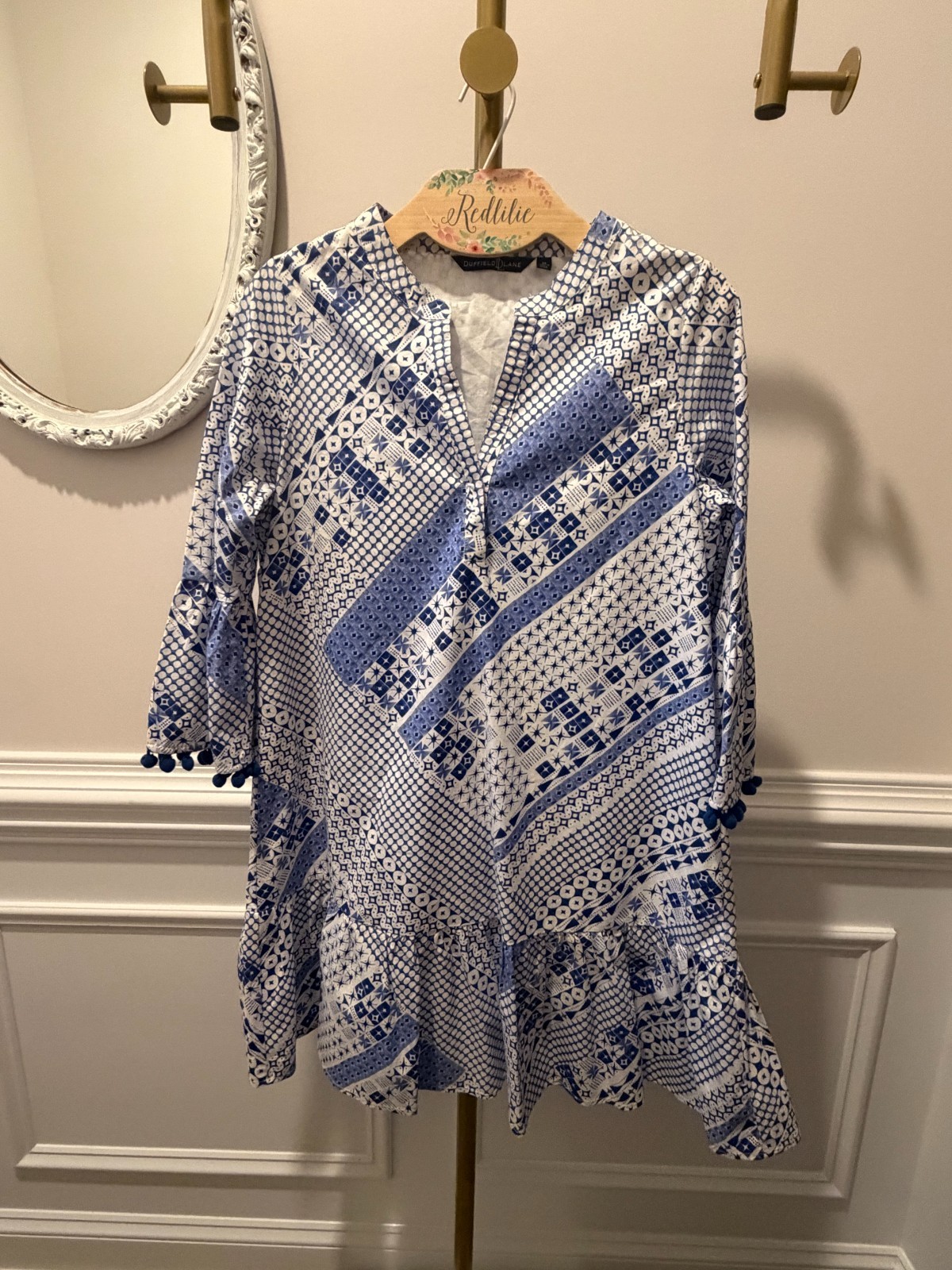 Duffield Lane Flora Dress Blue/White Dress Size M Pom Pom Ruffle Hem Cotton
