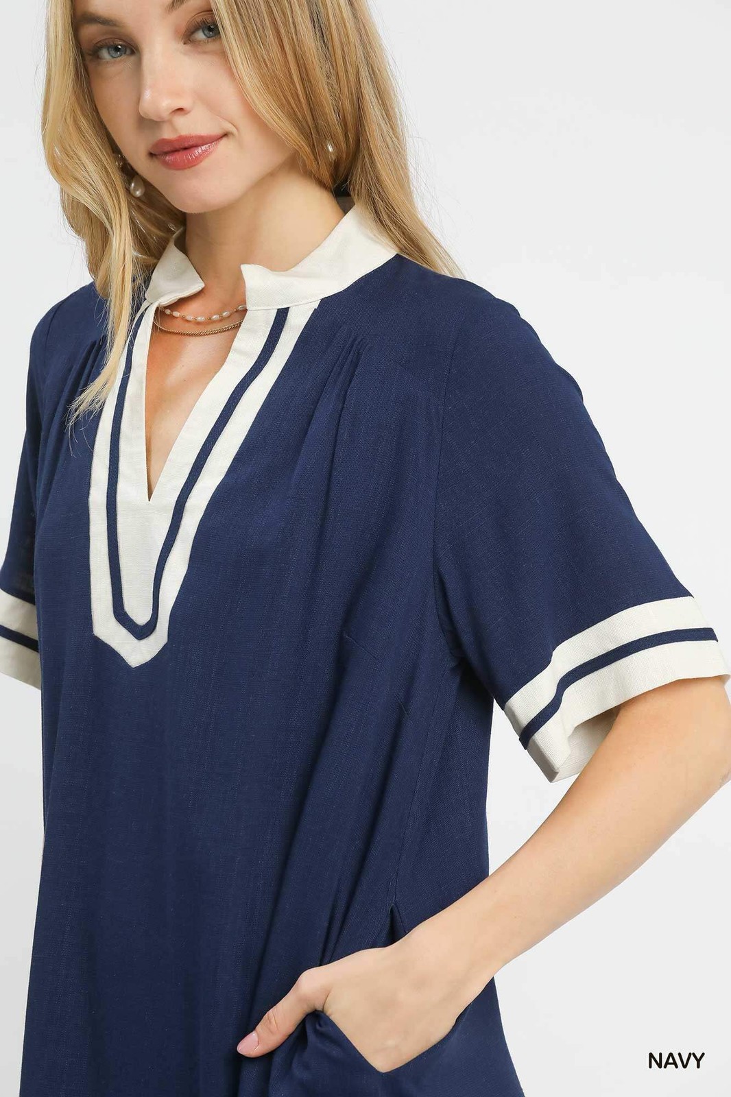 Umgee Linen Rayon Navy Blue Collared Notch V Neck Ringer T-Shirt Mini Dress