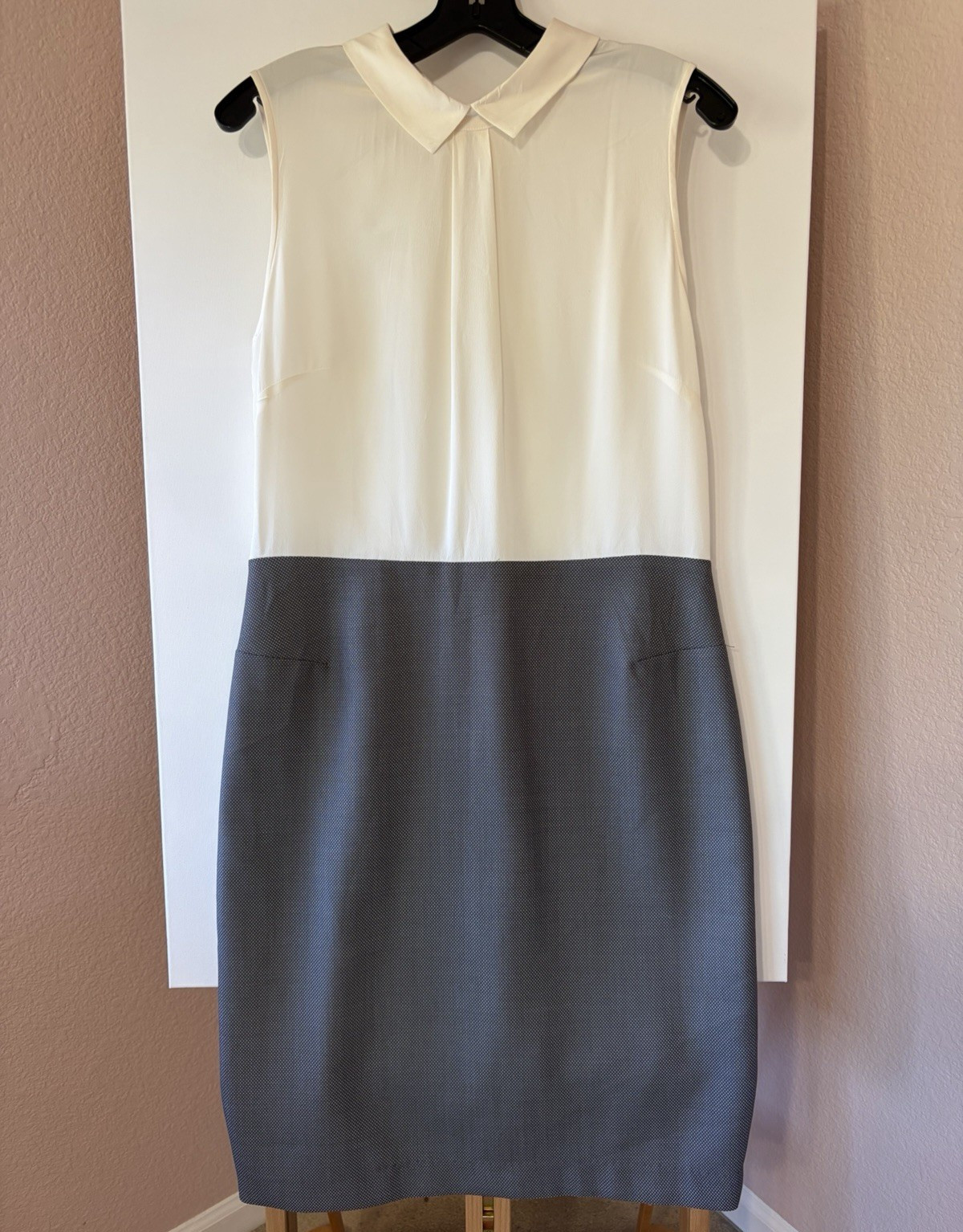 Hobbs London Suit Dress 10 Silk Top Wool Skirt Gray Diamond Dot Sheath