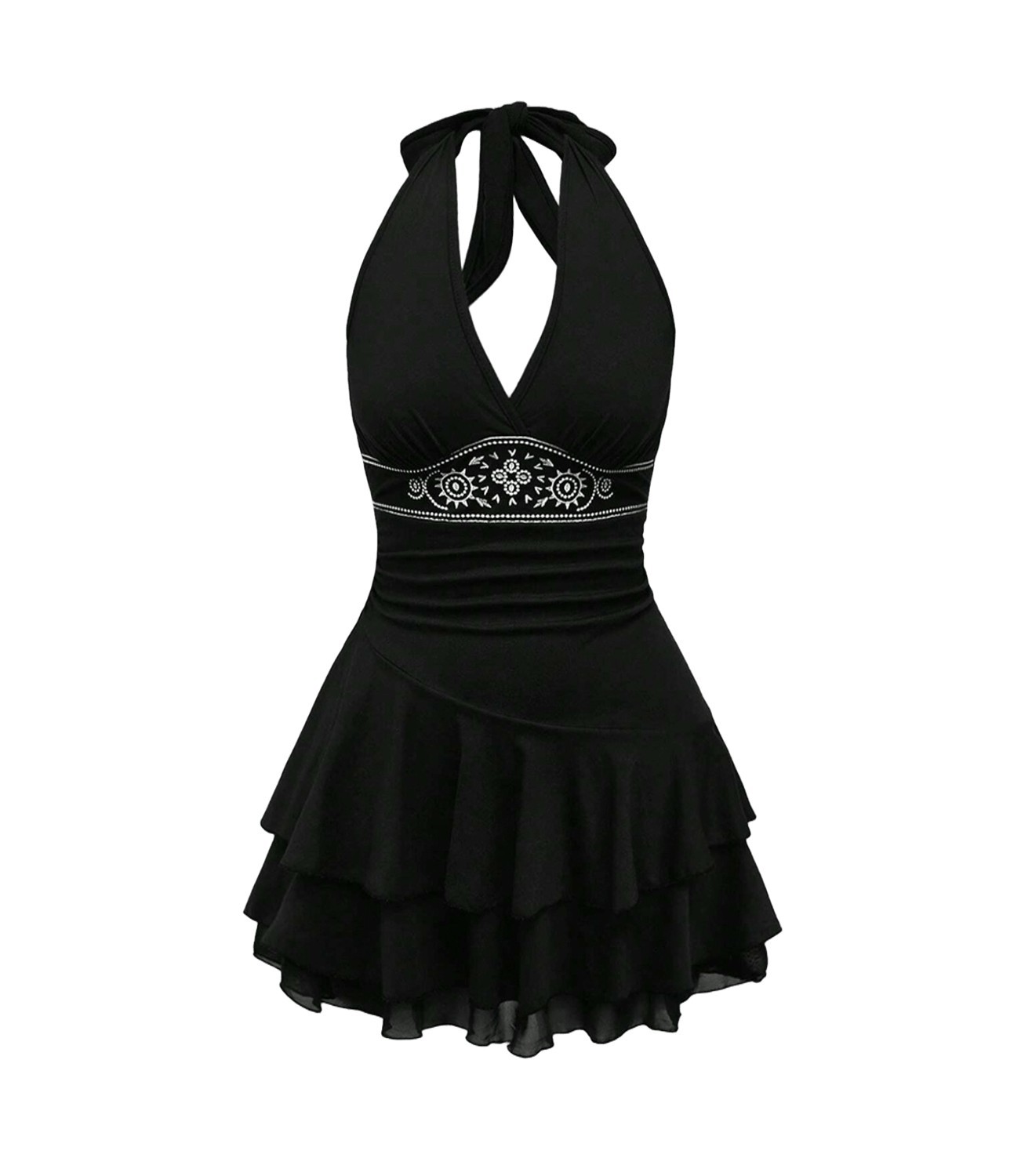 Hippie Sun Totem Embroidered Spaghetti Strap Layered Hem Short Dress For Women