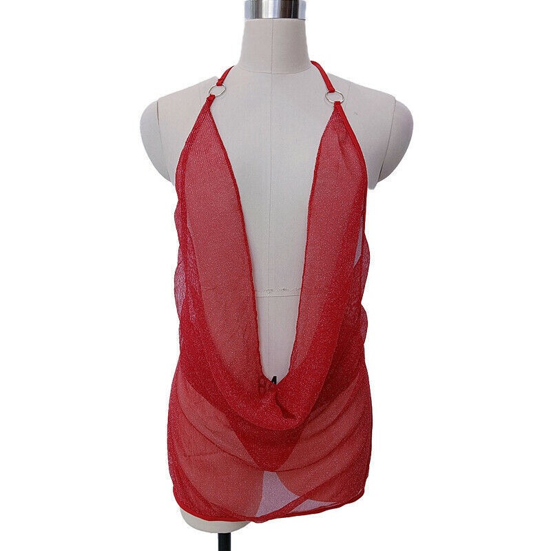 Small RED Sequin Glittery Naughty Knit V-Neck PLUNGE! Backless Bodycon Lingerie