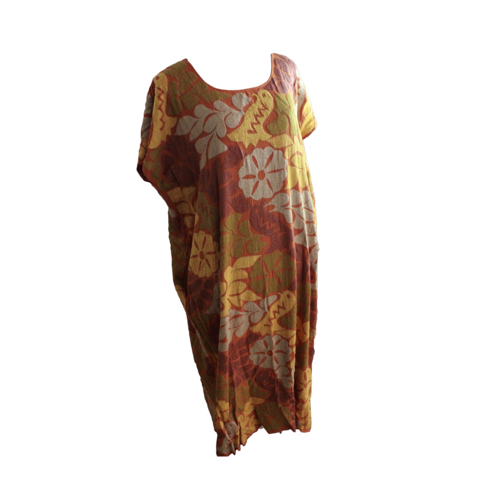 Hand Embroidered Brown Huipil Dress Jalapa Cotton Caftan Oaxaca Mexico