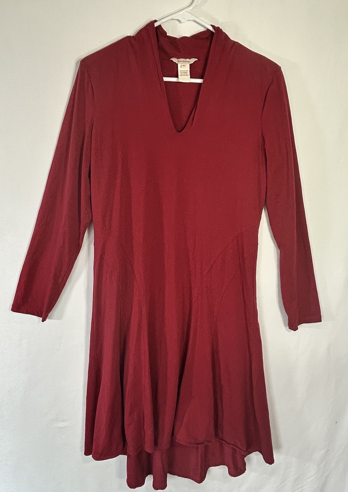 Sundance Dress Size Medium Red Midi Longsleeves V-neck High Low Jersey Knit