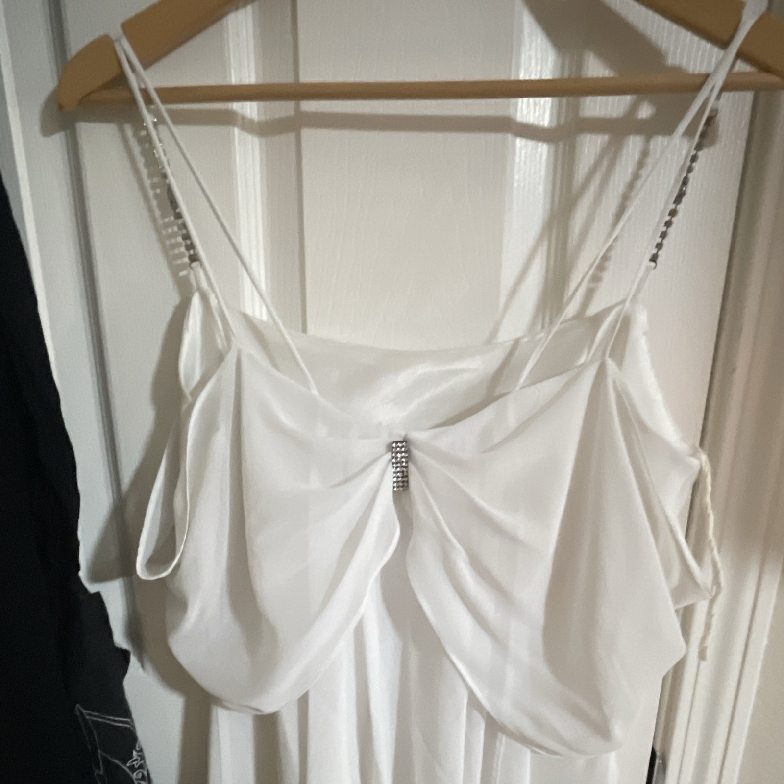 Women’s White Solid Off-Shoulder Flutter Sleeve Long Slip Dress Rhinestone S