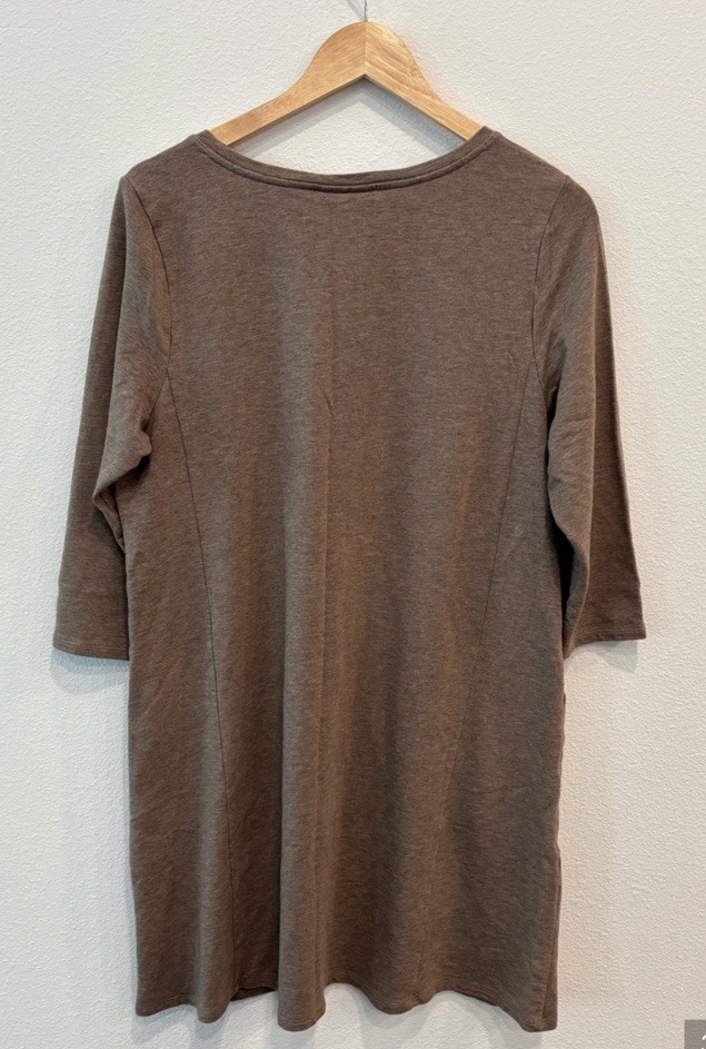 Pure Jill Brown Solid Scoop Neck 3/4 Sleeve Knit T-Shirt Dress Pockets L