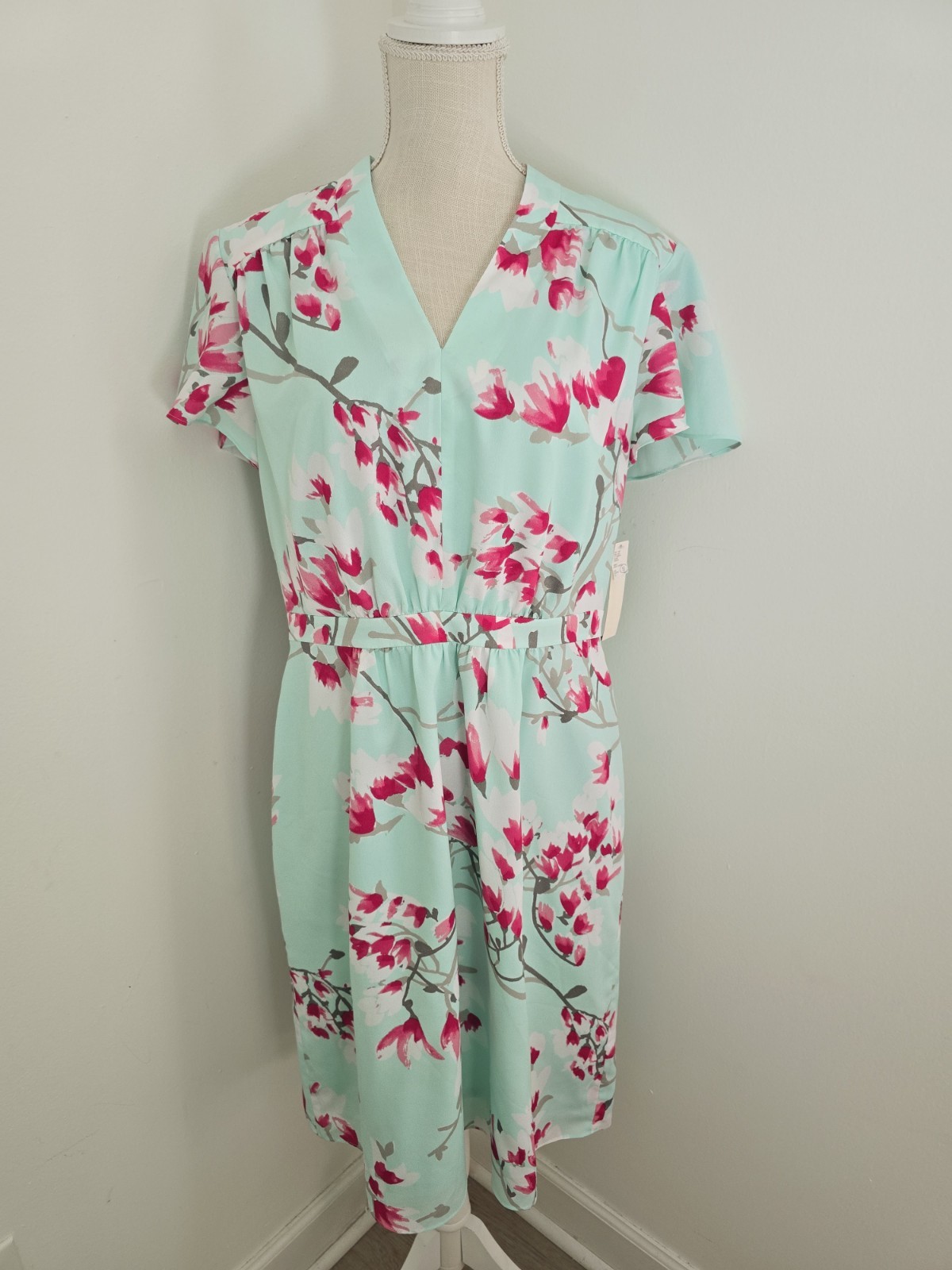 Alex Marie Elise Mint Green Pink Floral Flutter Sleeves V-Neck Dress 12 Large L