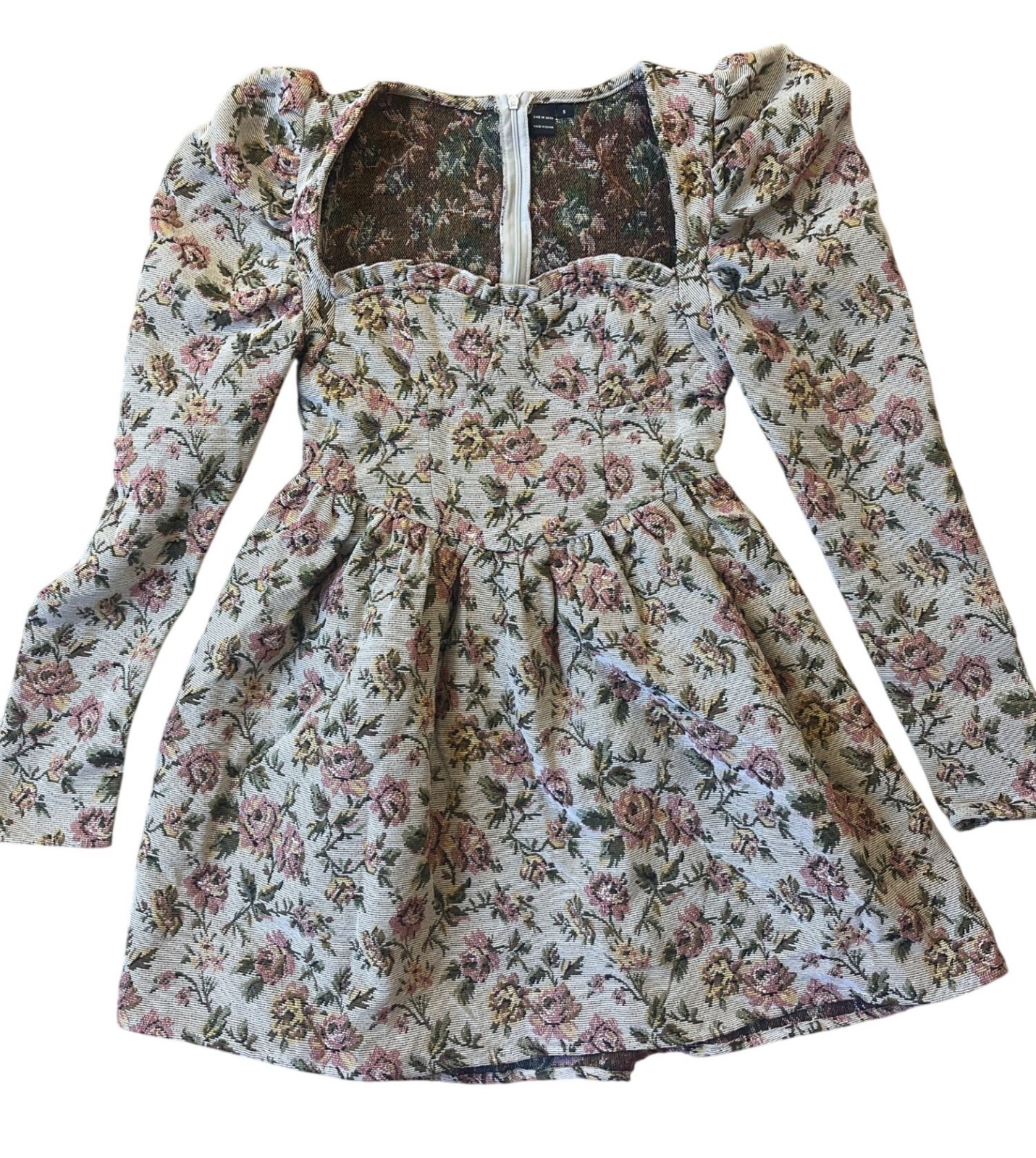 Shein Brocade Dress Womens Small Beige Puffy Sleeve Victorian Peasant Milkmaid