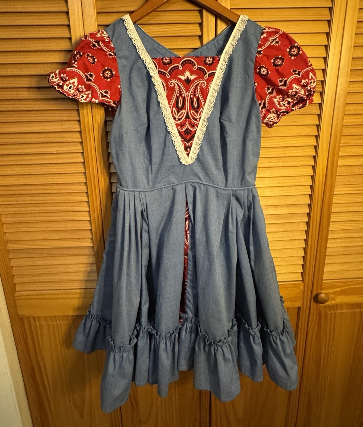 Blue/Red Paisley Denim A-Line Dress S V-Neck Puff Sleeve Lace Ruffle Zip