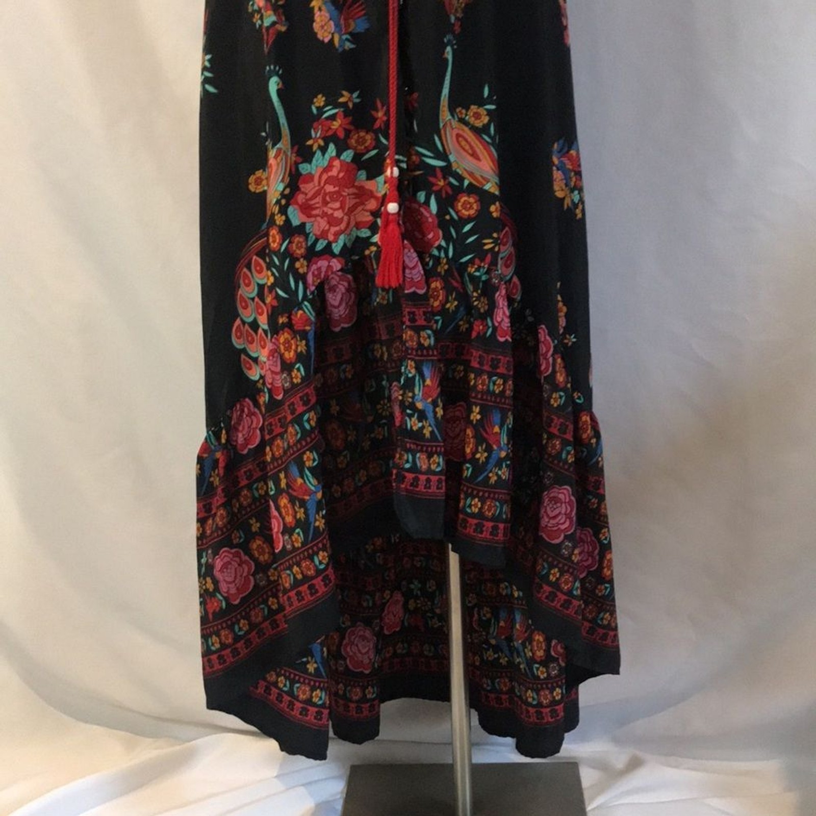 Black floral peacock colorful print short sleeves hi-low maxi dress boho gypsy M