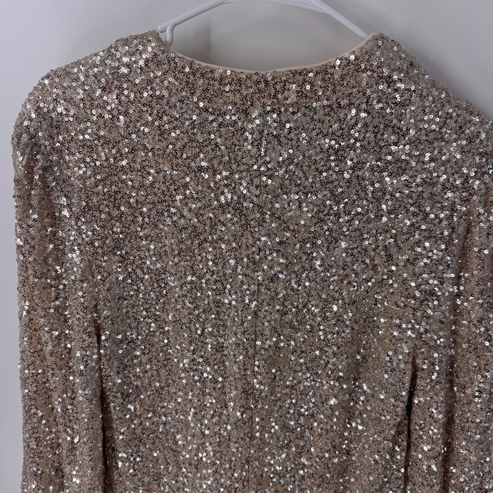 Modesees Women Champagne Gold Sequin Maxi Gown V-Neck Long Bishop Sleeve Size S