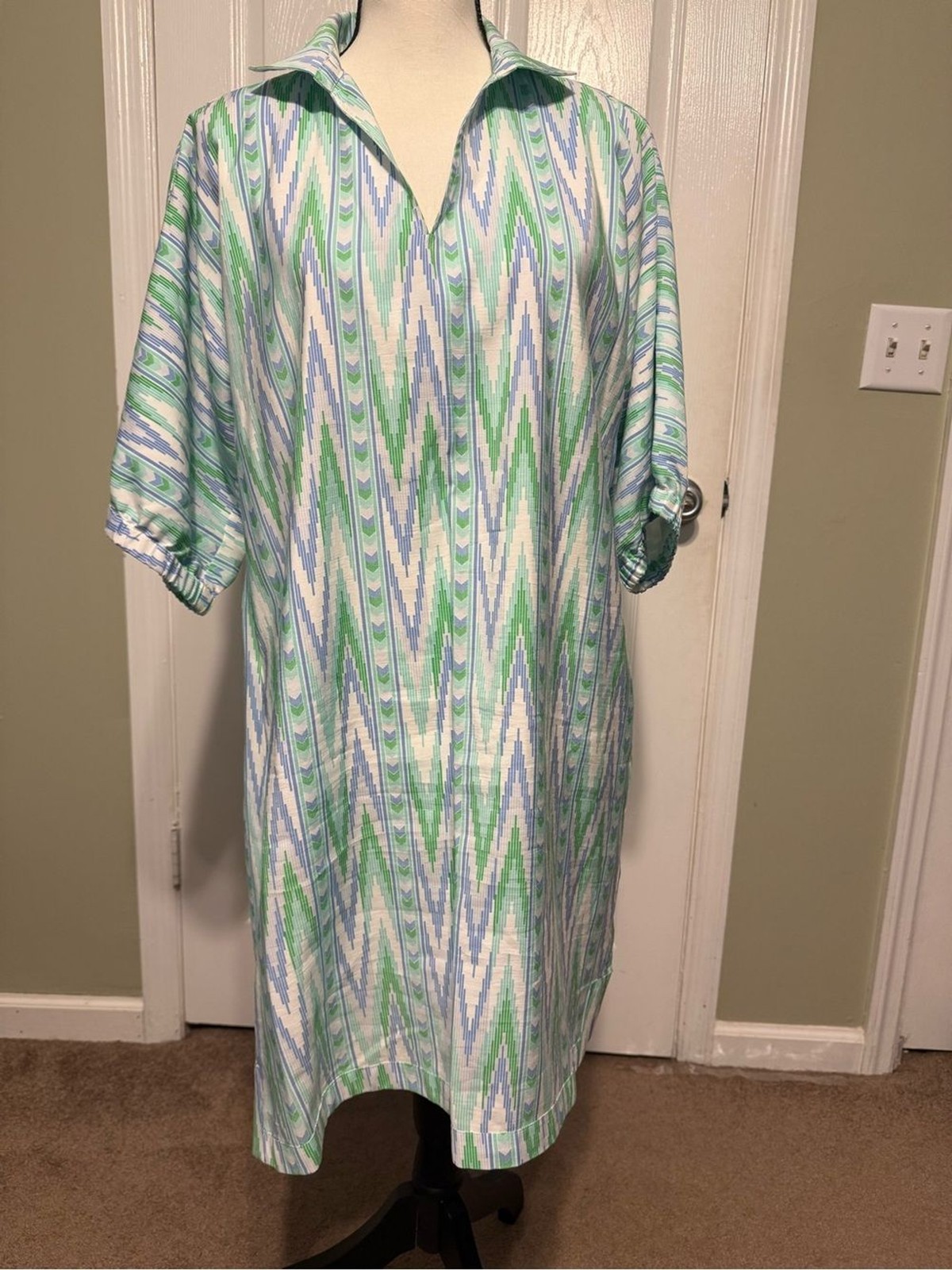 Emily McCarthy Zig Zag Poppy Midi Shirt Dress in Mint, Sky & White