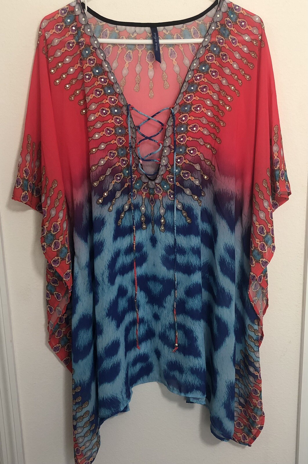 White Mark Womens Animal Print Poncho Top Kimono Caftan With Tie-Up Neckline OS