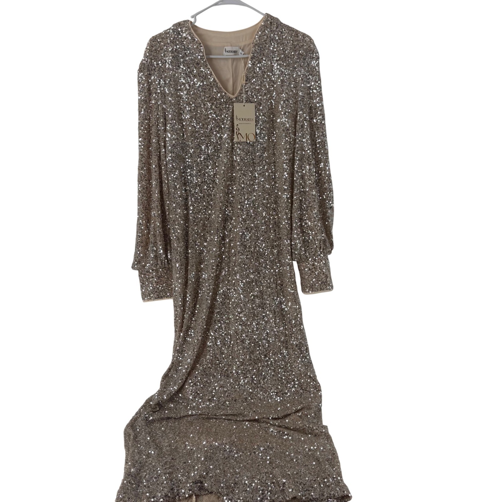 Modesees Women Champagne Gold Sequin Maxi Gown V-Neck Long Bishop Sleeve Size S