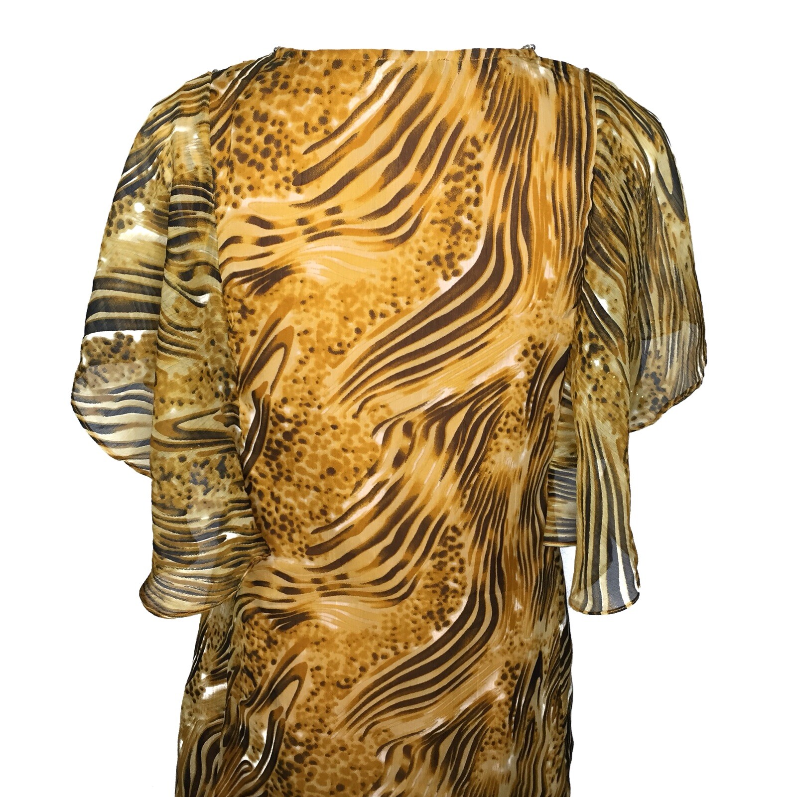 Metrostyle Beaded Animal Print Dress Medium V Neck Tie Waist Flutter Sleeves