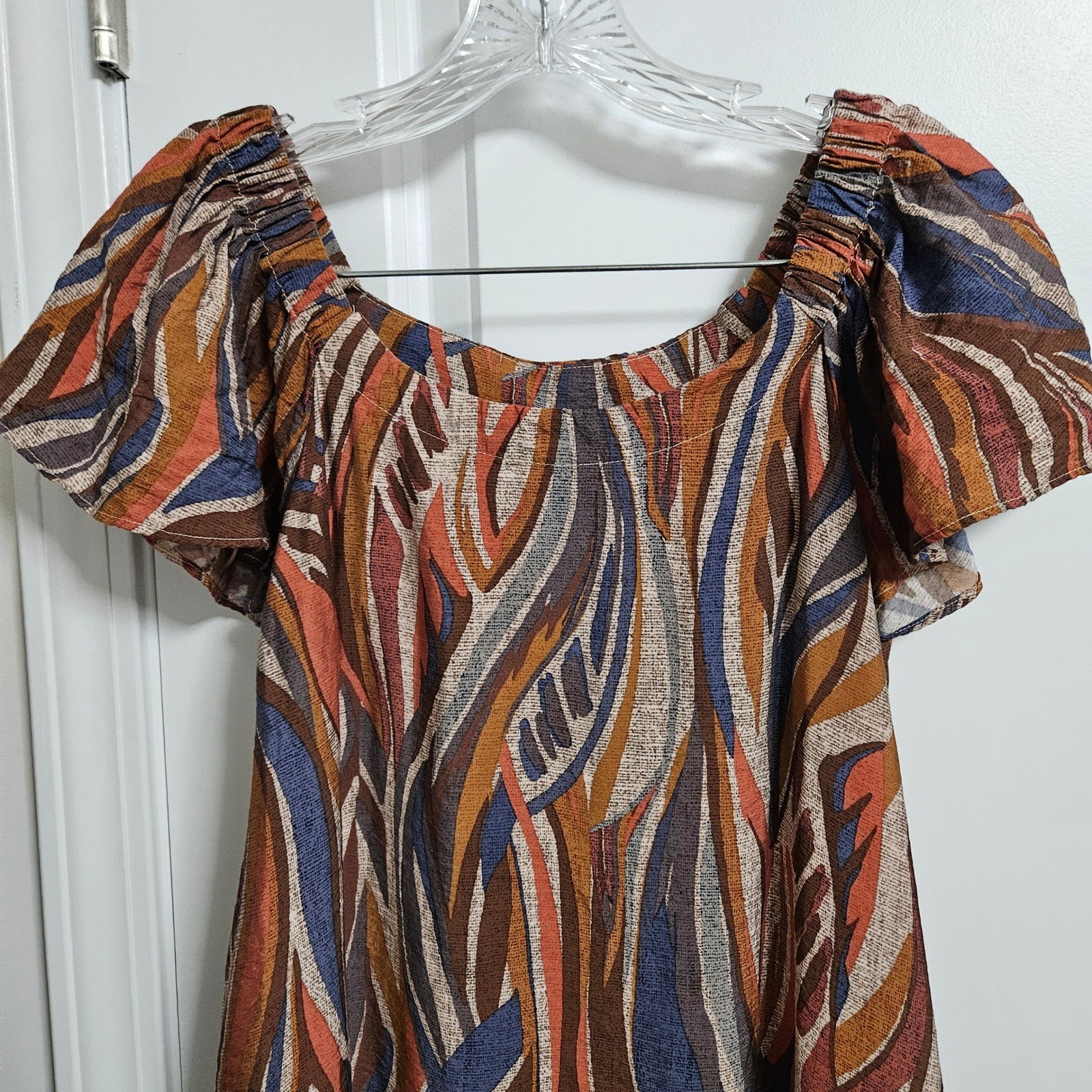 Boho Mini Robbie Bee Dress Womens Sm Multi Abstract Leaf Ruffle Hem Off Shoulder