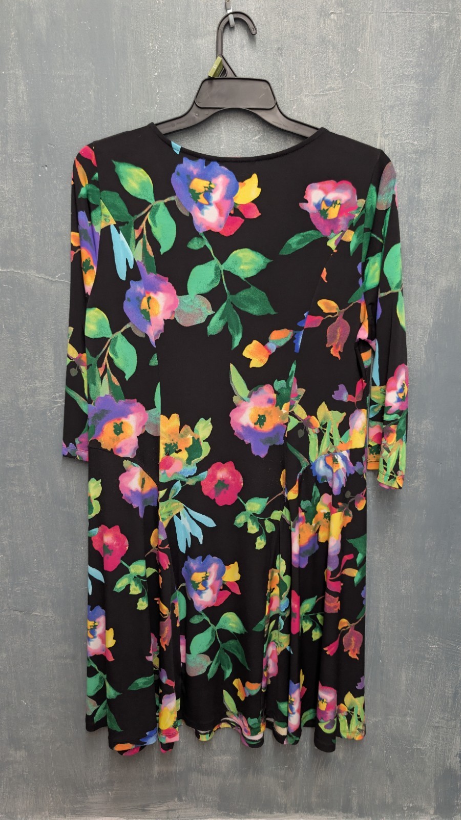 Susan Graver Liquid Knit Dress Large Black Floral Knee Length Pullover Stretch