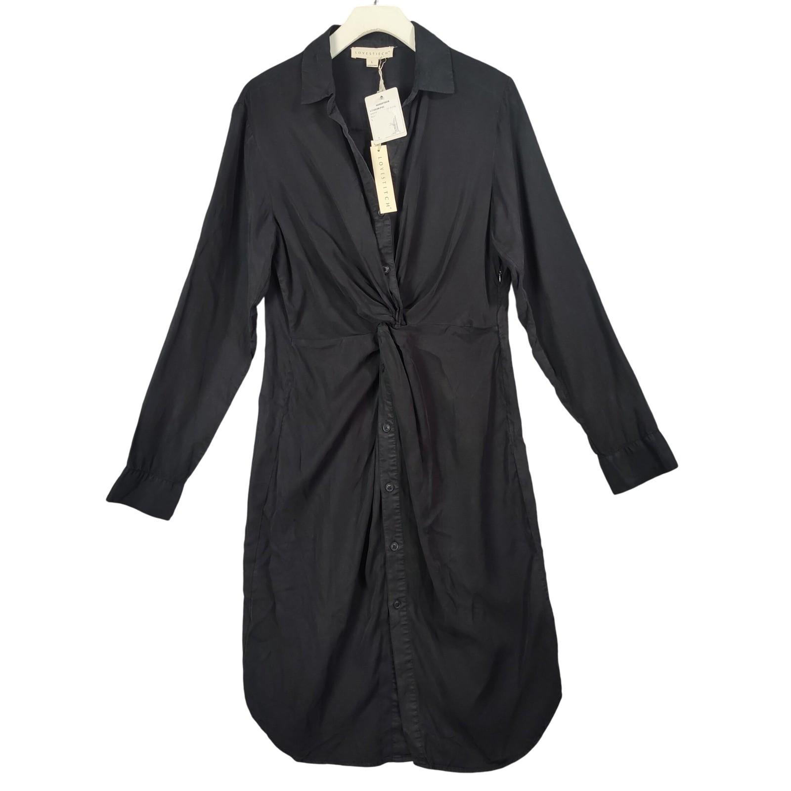 LOVESTITCH Black 100% Tencel Twist Front Button Up Shirt Dress Womens Large NEW