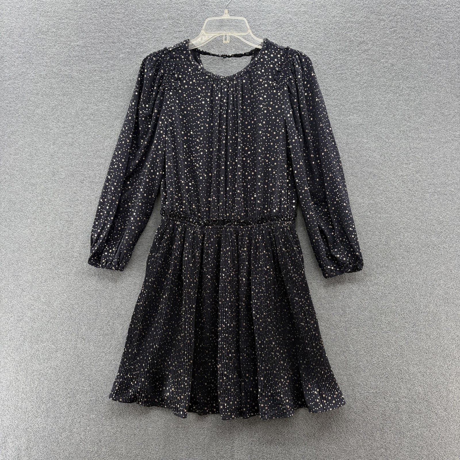 Anthropologie Current Air Dress Medium Navy Star Print Ladylike Plisse Pleats