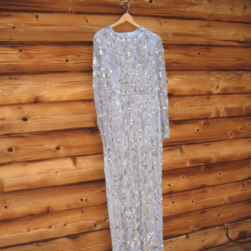 MAC DUGGAL 93939 Womens High Neck Long Sleeve Embellished Column Gown Dress Blue