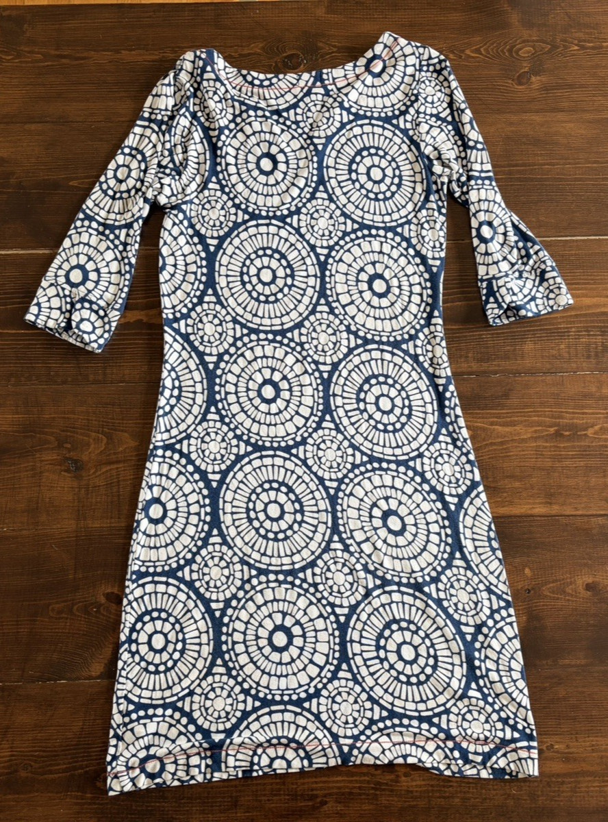 Hatley Medallion Print Shift Dress Sz XS, Blue, Cotton, 3/4 Sleeves, Split Neck