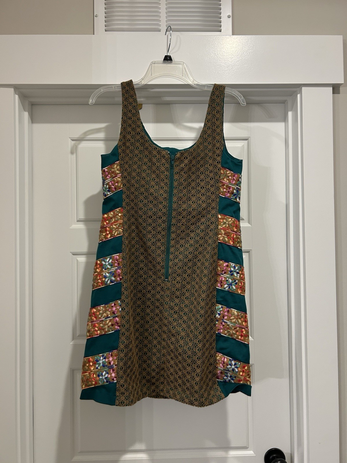 Judith March Teal Embroidered Crocheted Overlay Mini Shift Dress Women’s Large