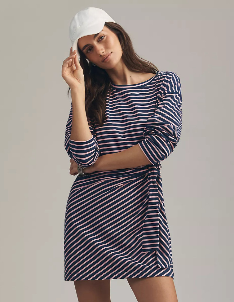NWT Anthropologie Daily Practice Striped Long-Sleeve Mini Dress, Navy/Pink, XL
