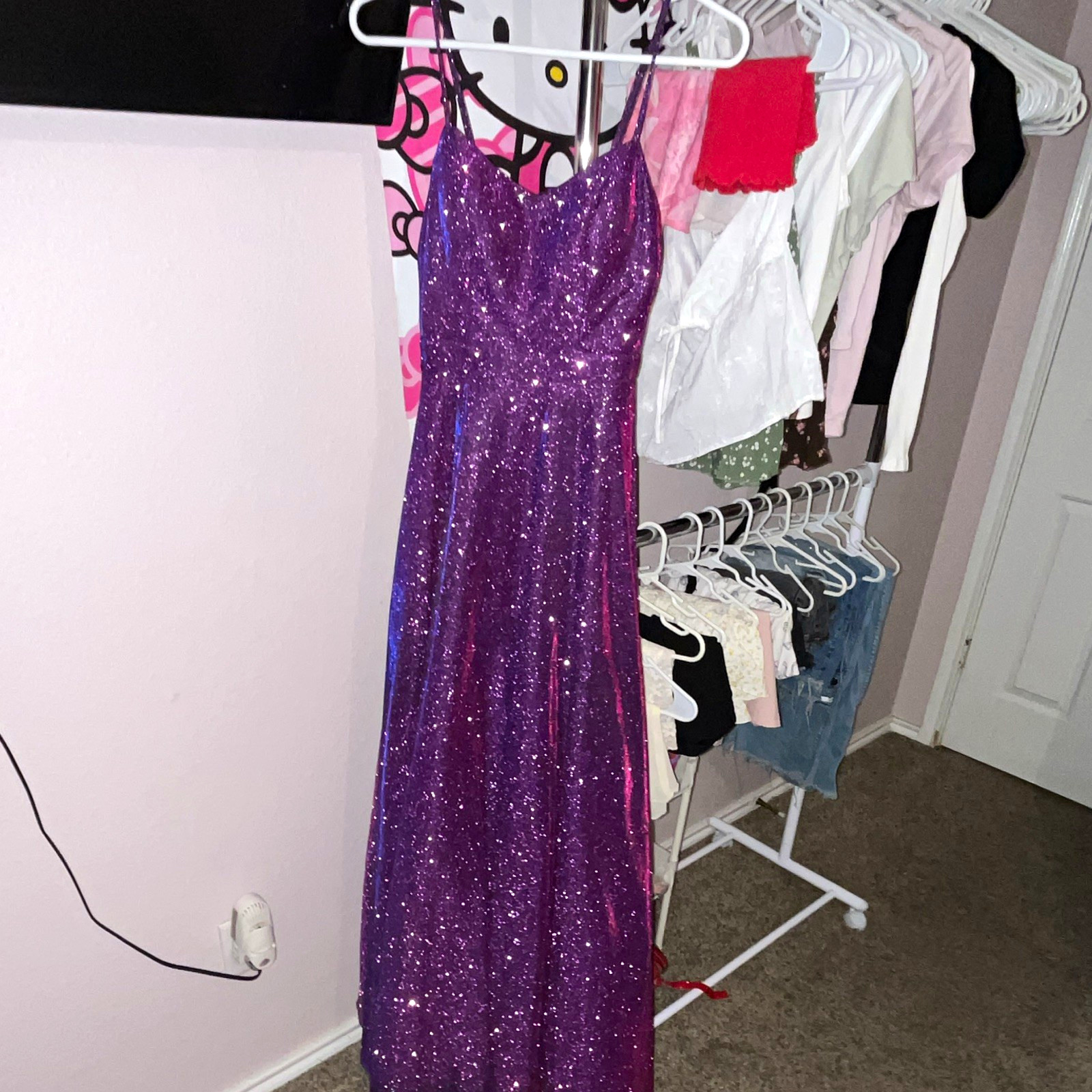 City Triangles Purple Glitter Mesh V-Neck Strappy Long Formal Gown Juniors 1