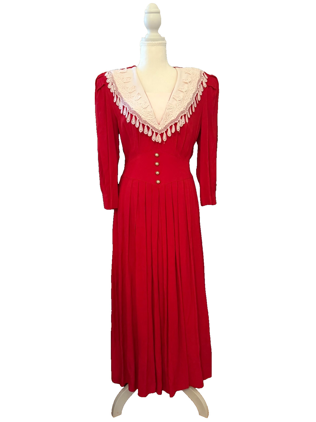 True Vintage Fitted Red and White S.L. Fashions Pleated Long-Sleeve Maxi Dress