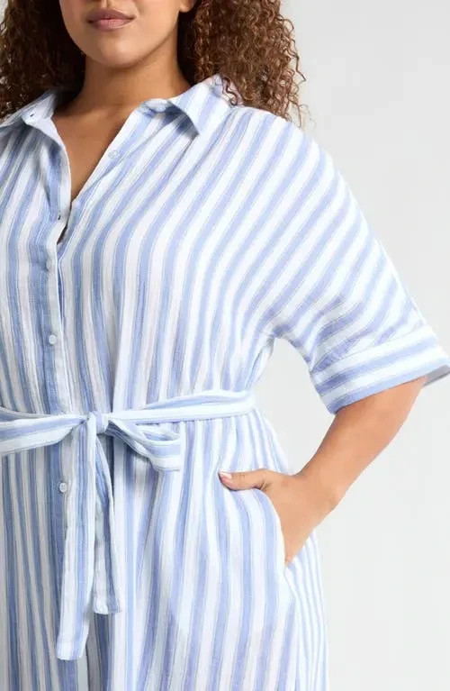 Caslon Stripe Shirt Dress Womens Medium Blue White Belted Coastal Midi NWT