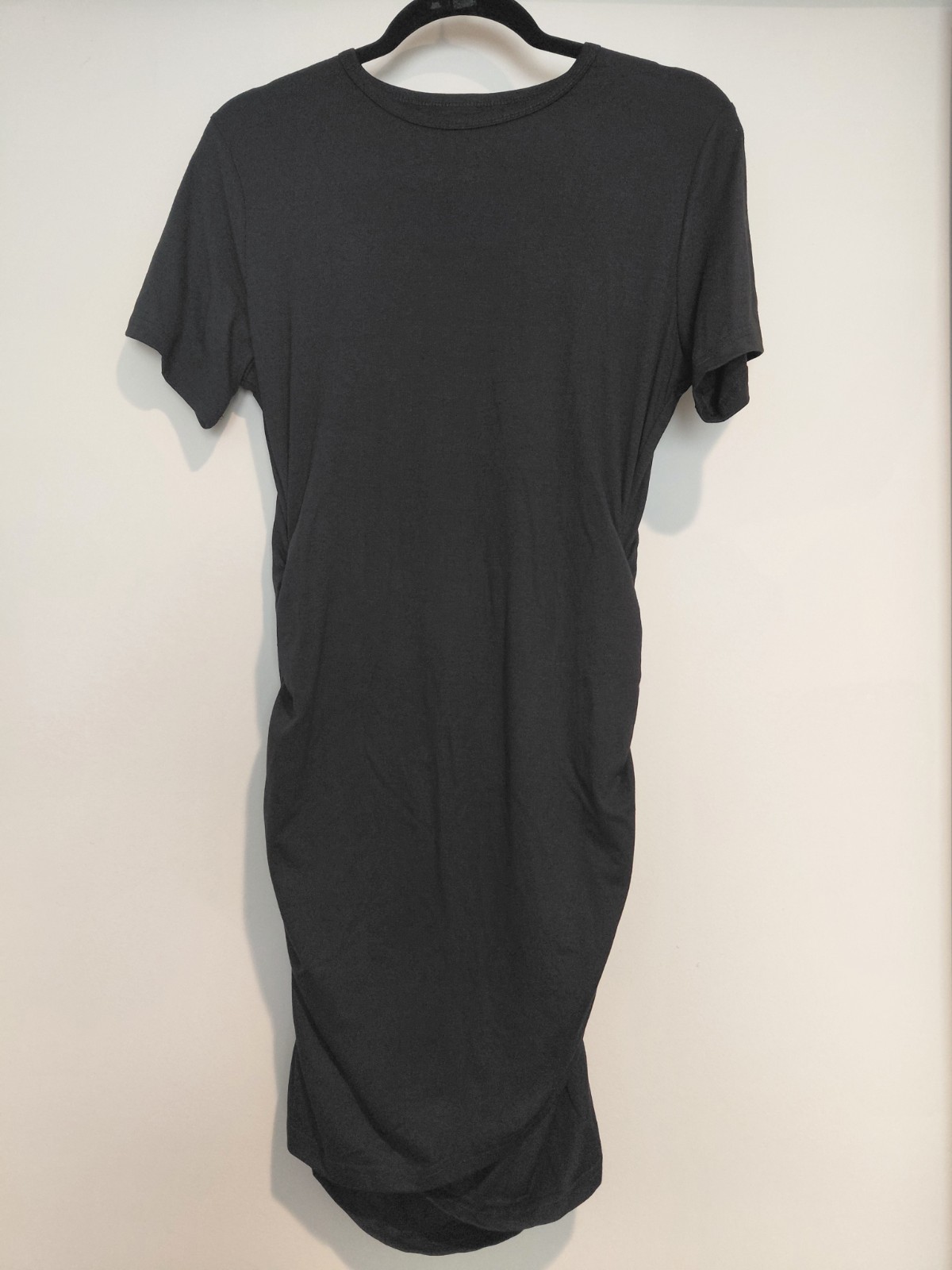 Black Ruched Bodycon Midi Dress Large NWOT Short Sleeve Stretch Casual