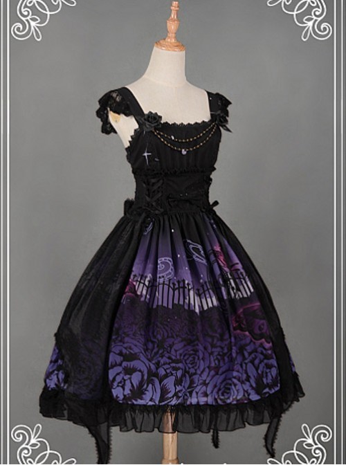Souffle Song Gothic Lolita Fit & Flare Dress L Black Purple Lace