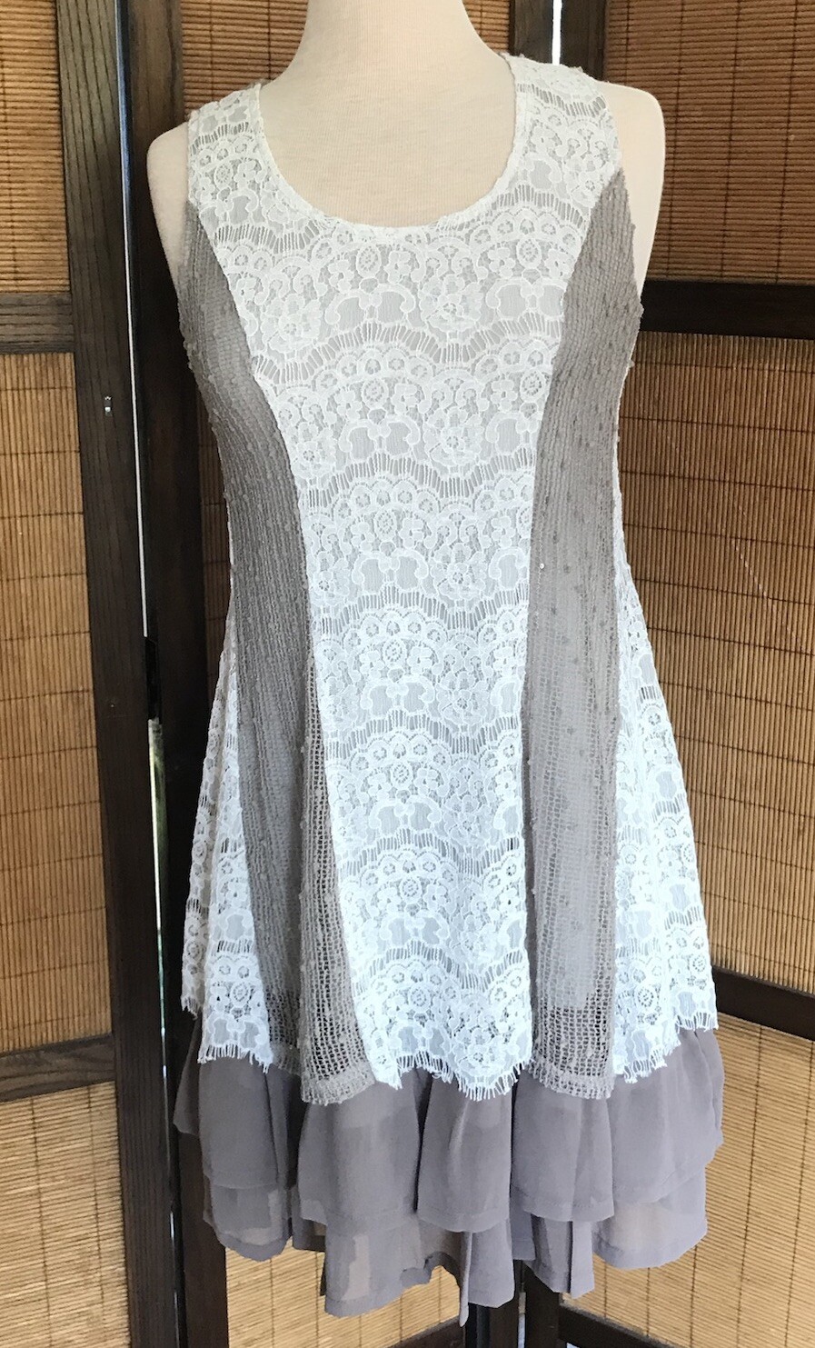 Anthropologie~ Ryu Womens Lace & Crochet Slip Dress White and Mocha Brown Size S
