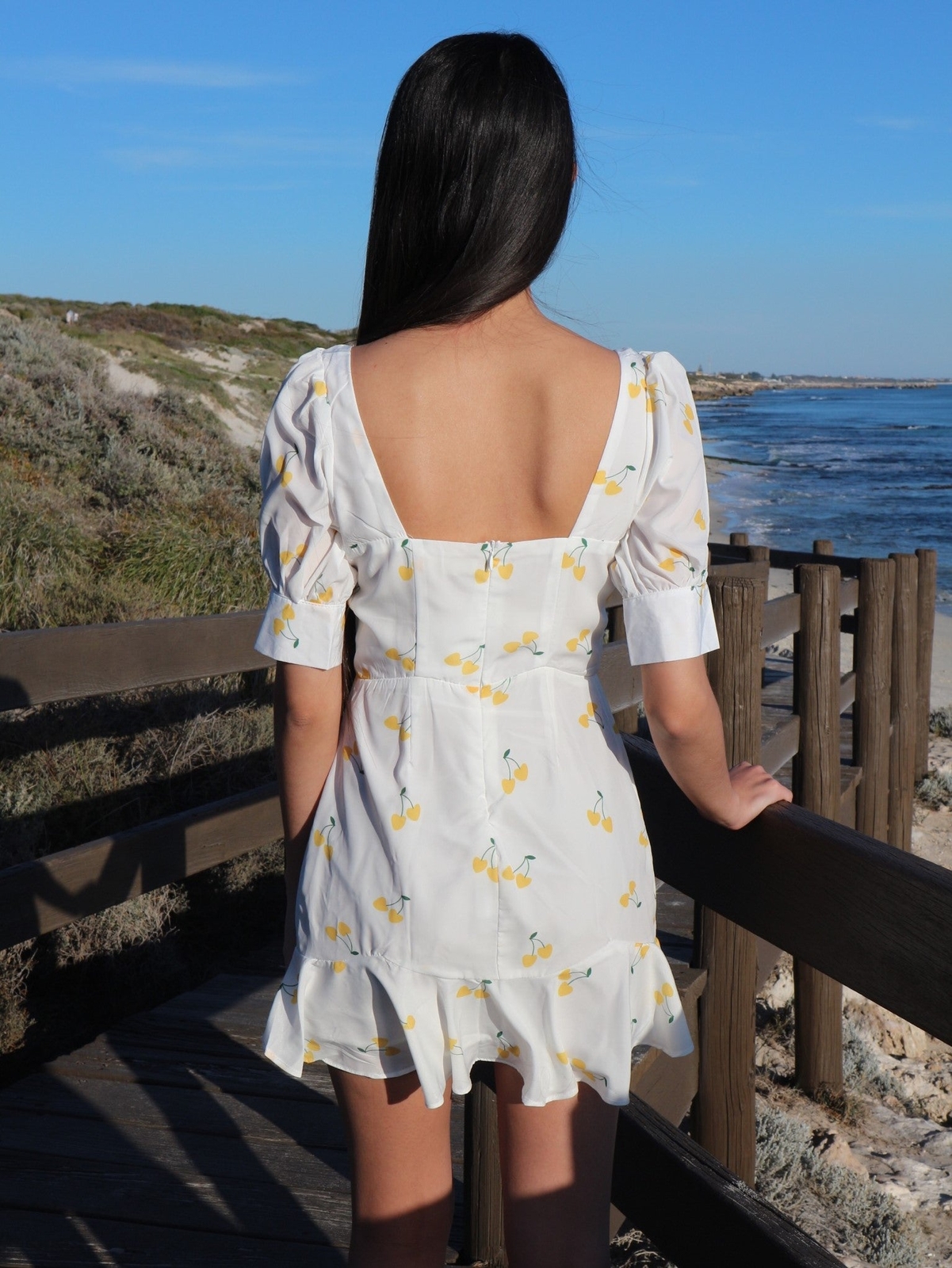 Women Petite Retro Lantern Sleeves Mini White Dress Yellow Cherry Print Romantic