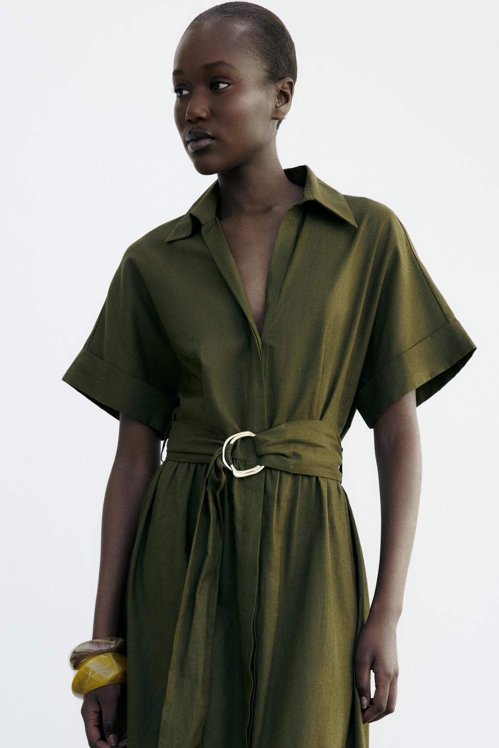 NWT_ZARA ss24 LINEN BLEND MIDI SHIRTDRESS Mid khaki | 8372/101_XS-2XL