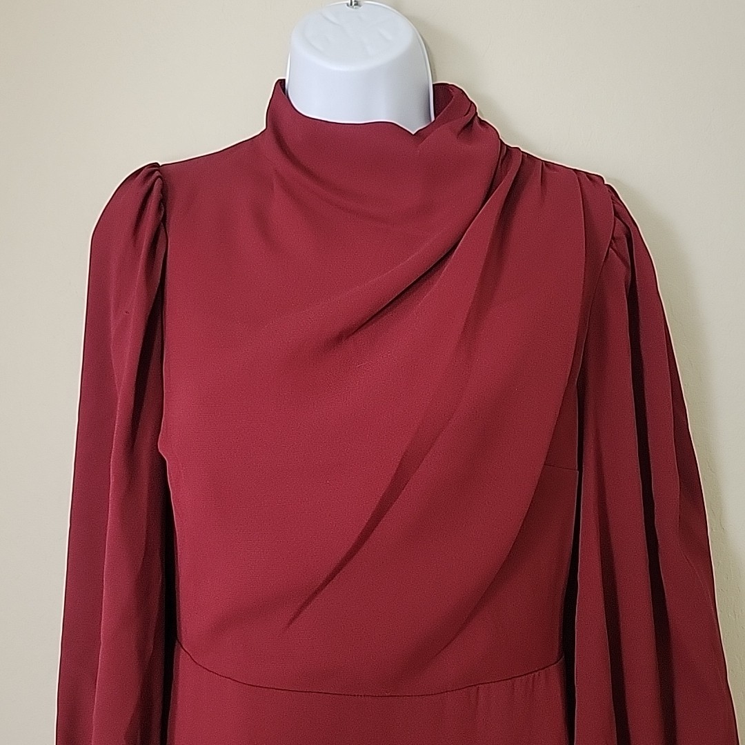 Express Maroon Sz S Elegant Long Sleeve Dress Pleated Mock Neck Button Cuff