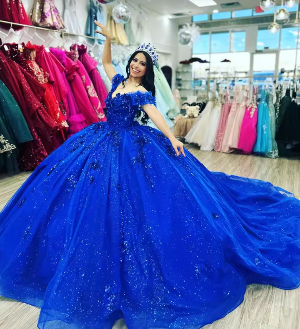 Luxury King Blue Flowers Princess Quinceanera Dress Beads Crystal Appliques