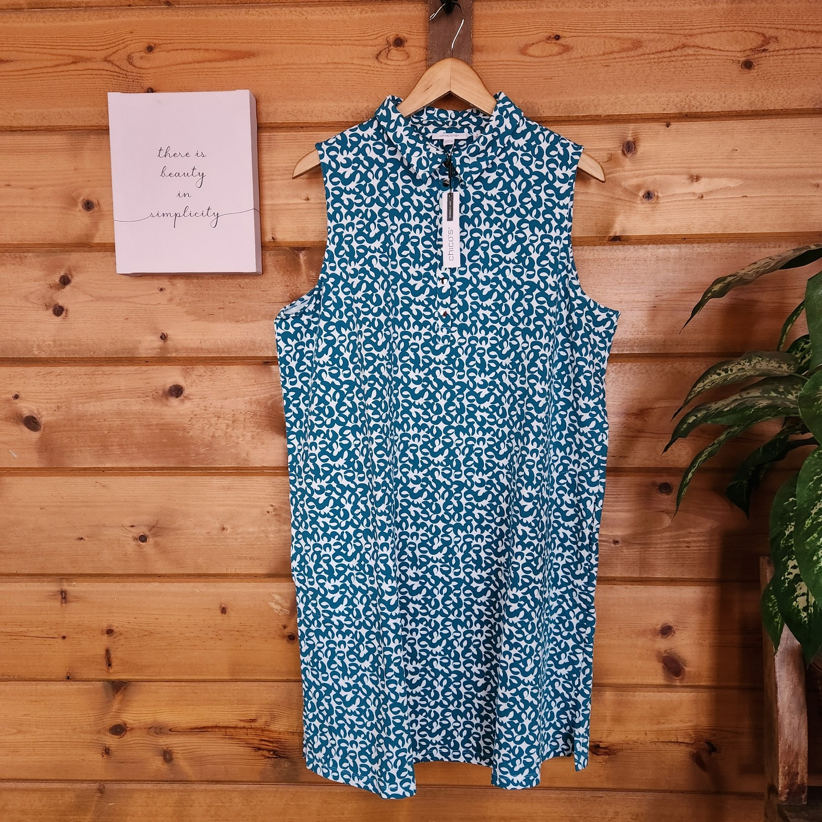 Chico’s NWT Zenergy UPF Geo Sleeveless Polo Shirt Dress Peacock Blue Size 3 / XL