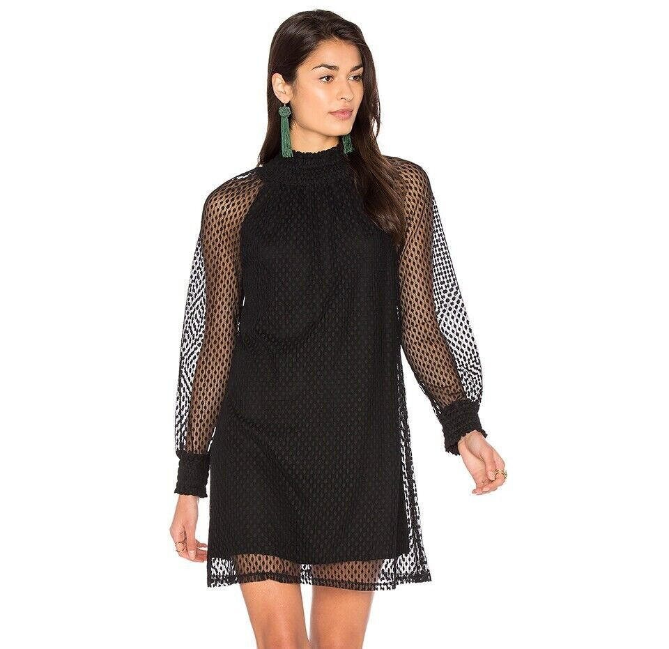 Revolve Ella Moss Black Nikkita Smocked Long Sleeve Shift Dress SZ S