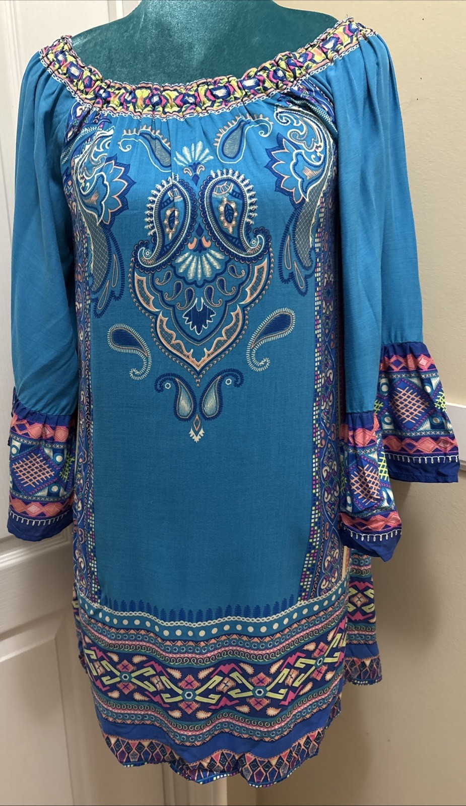 Flying Tomato Boho Off Shoulder Rayon Aqua Mini Dress Hippie Festival Medium
